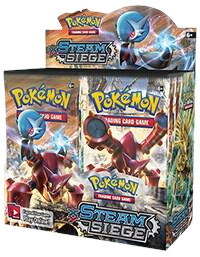 A Pokemon Steam Siege booster box featuring Volcanion and Gardevoir artwork.