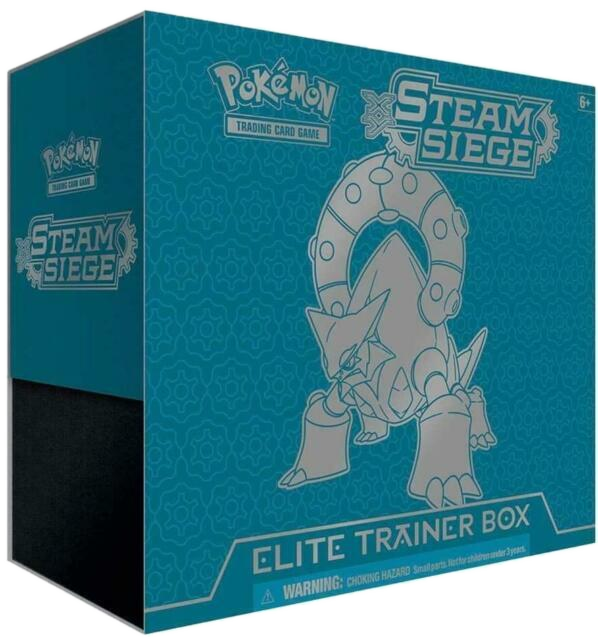 A teal Pokemon Steam Siege Elite Trainer Box featuring Hoopa on the front.