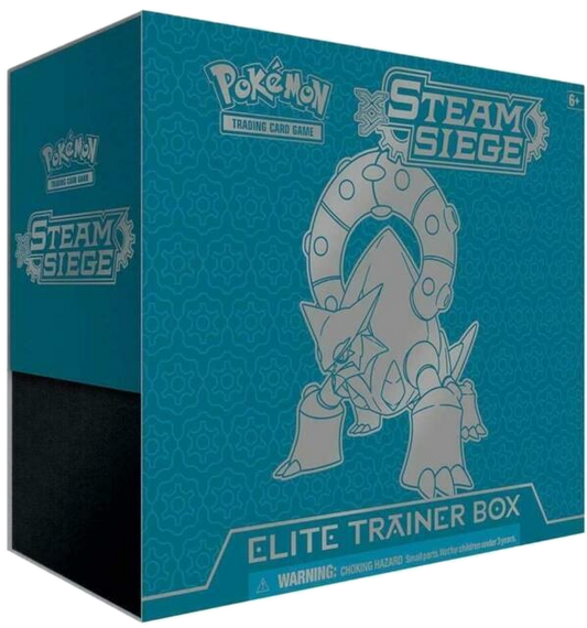A teal Pokemon Steam Siege Elite Trainer Box featuring Hoopa on the front.