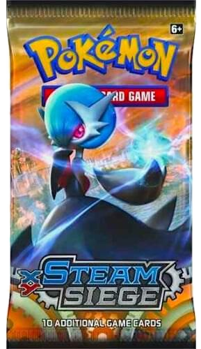 A Pokemon Steam Siege booster pack featuring Mega Gardevoir on the front packaging.