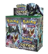 A sealed Pokemon Fates Collide booster box featuring Mega Alakazam and Zygarde artwork.