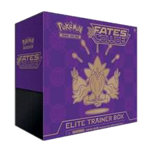 A purple Pokemon Fates Collide Elite Trainer Box featuring Mega Alakazam on the front.