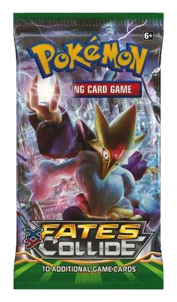 A sealed Pokemon Fates Collide booster pack featuring Mega Alakazam on the front.