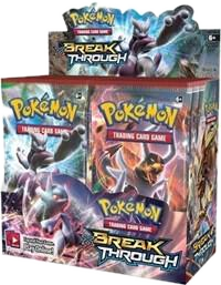 A sealed Pokemon BREAKthrough booster box featuring Mewtwo on the packaging.