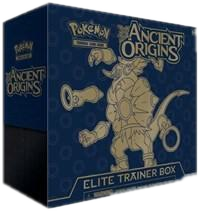 A dark blue Pokemon Ancient Origins Elite Trainer Box featuring a gold Hoopa illustration.