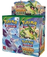 A sealed Pokemon Roaring Skies booster box featuring Rayquaza artwork on the display packaging.
