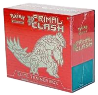 A red Pokemon Primal Clash Elite Trainer Box featuring an illustration of Groudon.
