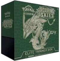 A green Pokemon Roaring Skies Elite Trainer Box featuring an illustration of Rayquaza.