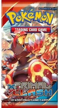 A Pokemon Primal Clash booster pack featuring Primal Groudon on the front.