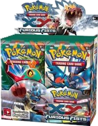 A Pokemon XY Furious Fists booster box featuring Mega Lucario and Hawlucha artwork.