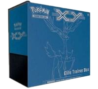 A blue Pokemon XY Elite Trainer Box featuring a white outline illustration of Xerneas.