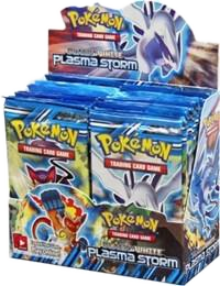 A sealed Pokemon Plasma Storm booster box featuring artwork of Lugia and Infernape.