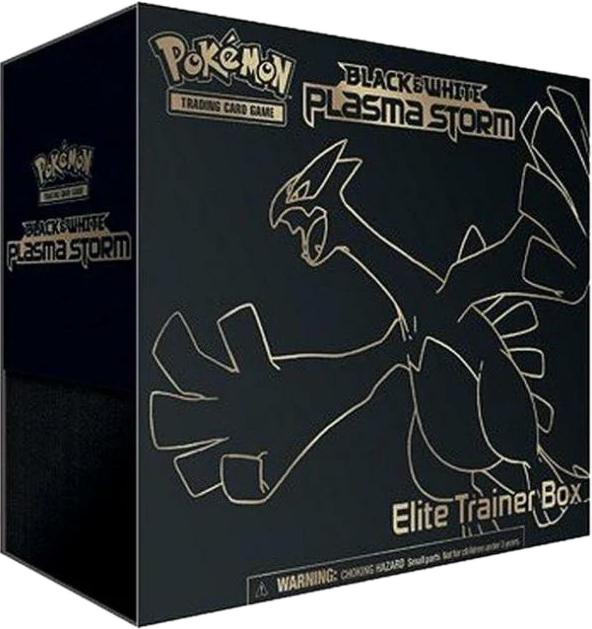 A black Pokemon Plasma Storm Elite Trainer Box featuring a gold outline of Lugia.
