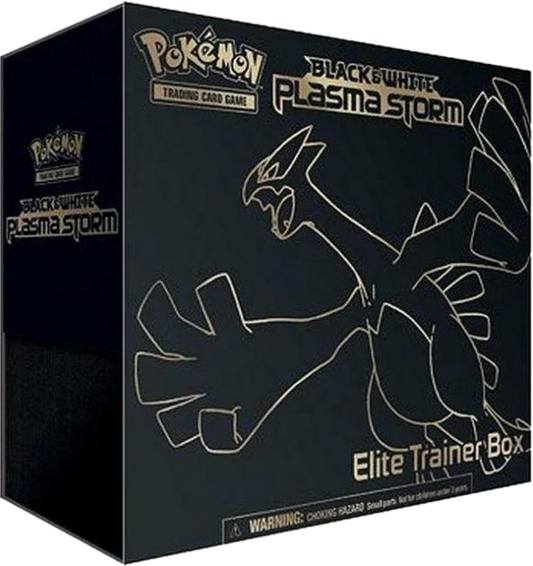 A black Pokemon Plasma Storm Elite Trainer Box featuring a gold outline of Lugia.