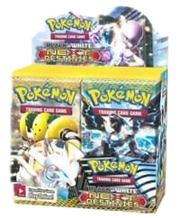 A sealed Pokemon Next Destinies booster box featuring Mewtwo, Regigigas, and Zekrom artwork.