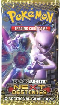 A Pokemon Next Destinies booster pack featuring Mewtwo on the front packaging.