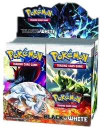 A sealed Pokemon Black and White booster box featuring Zekrom and Reshiram artwork.