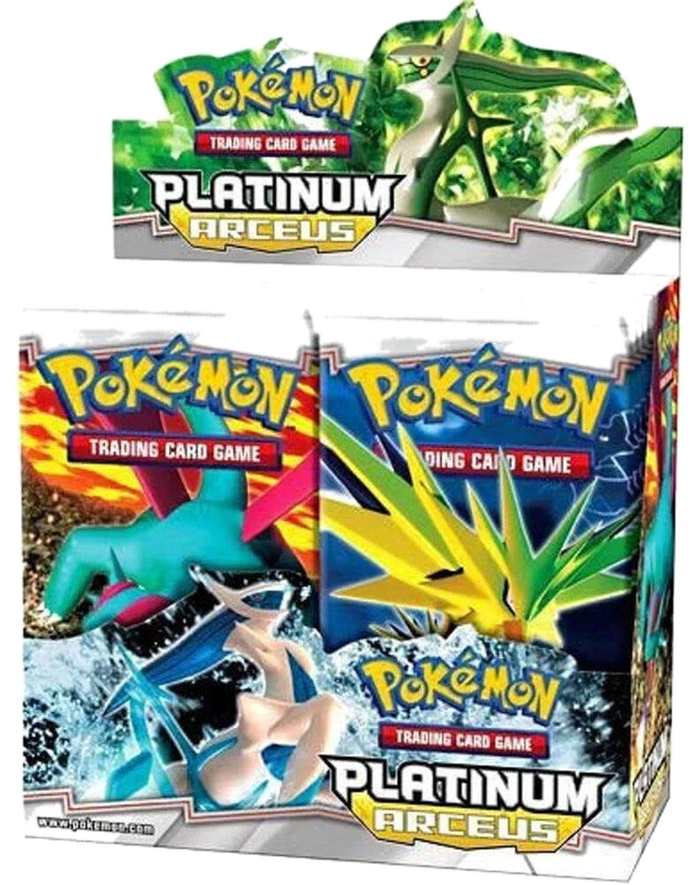 A sealed Pokemon Platinum Arceus booster box featuring artwork of Arceus and Zapdos.