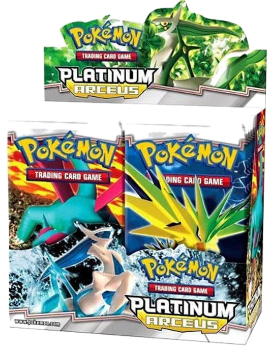 A sealed Pokemon Platinum Arceus booster box featuring artwork of Arceus and Zapdos.