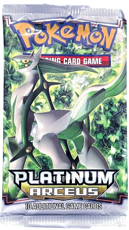 A sealed Pokemon Platinum Arceus booster pack featuring the legendary Pokemon Arceus.