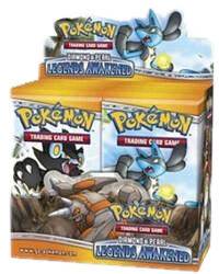 A sealed Pokemon Legends Awakened booster box featuring Lucario artwork on the packaging.