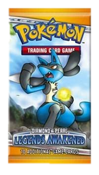 A sealed Pokemon Legends Awakened booster pack featuring Lucario on the front.