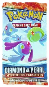 A Pokemon Mysterious Treasures booster pack featuring Uxie, Mesprit, and Azelf on the packaging.