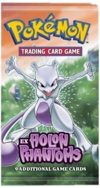 A sealed Pokemon Holon Phantoms booster pack featuring Mewtwo on the front.