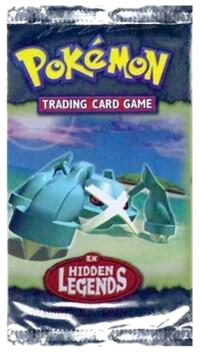 A sealed Pokemon Hidden Legends booster pack featuring Metagross on the front.