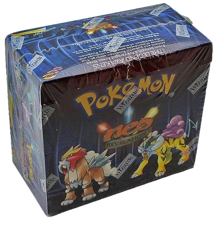 A sealed Pokemon Neo Revelation booster box featuring Entei and Raikou on the packaging.