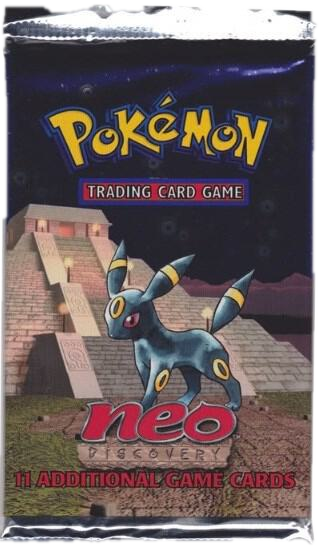 A sealed Pokemon Neo Discovery booster pack featuring Umbreon in front of a stone temple.