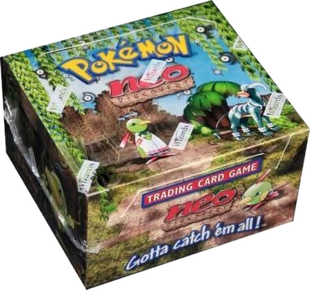 A sealed Pokemon Neo Discovery booster box featuring artwork of Xatu and Houndoom.