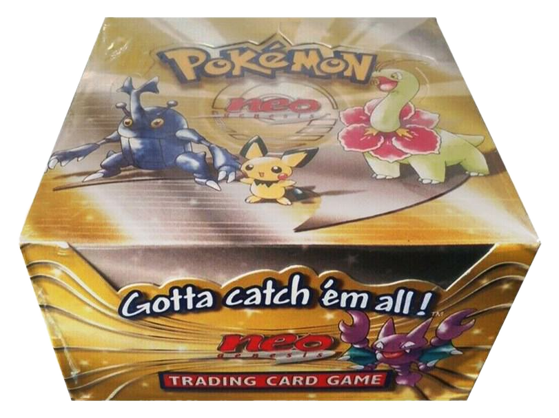 A sealed Pokemon Neo Genesis booster box featuring Heracross, Pichu, Meganium, and Gligar.