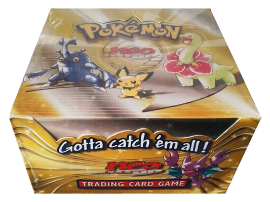 A sealed Pokemon Neo Genesis booster box featuring Heracross, Pichu, Meganium, and Gligar.