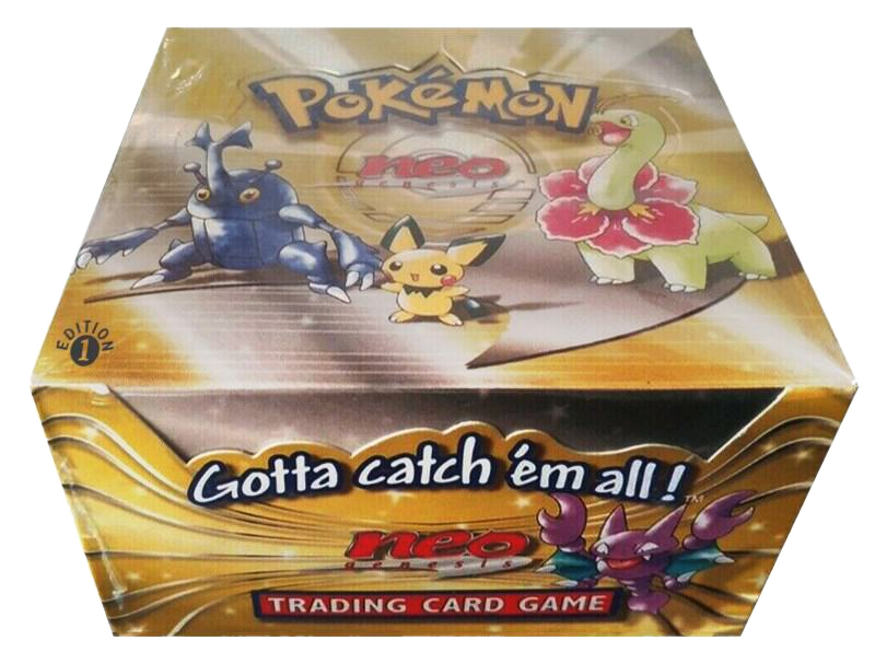 A sealed first edition Pokemon Neo Genesis booster box featuring illustrations of Johto region Pokemon.