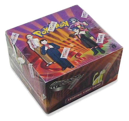 A sealed Pokemon Gym Challenge booster box featuring artwork of gym leaders and a Meowth.