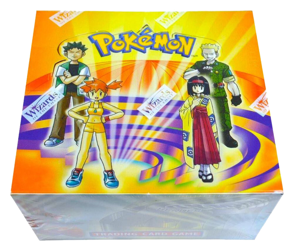 A sealed Pokemon Gym Heroes booster box featuring illustrations of Gym Leaders on the front.