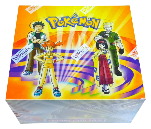 A sealed Pokemon Gym Heroes booster box featuring illustrations of Gym Leaders on the front.
