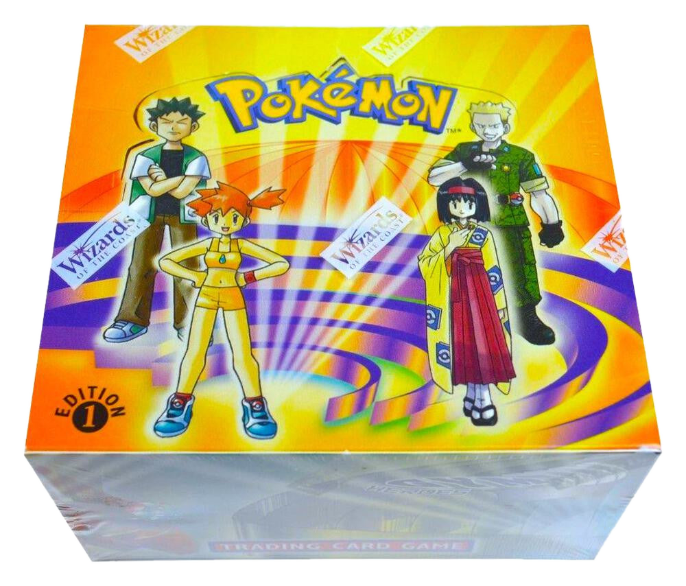 A sealed Pokemon 1st Edition Gym Heroes booster box featuring artwork of various gym leaders.