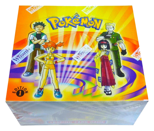 A sealed Pokemon 1st Edition Gym Heroes booster box featuring artwork of various gym leaders.
