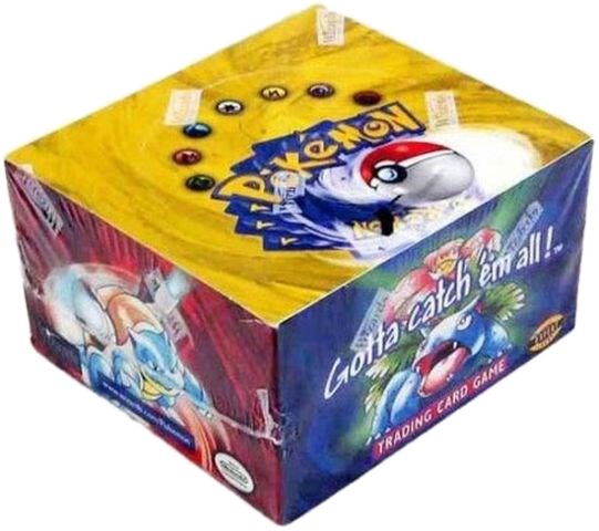 A sealed Pokemon Base Set booster box featuring artwork of Blastoise and Venusaur.