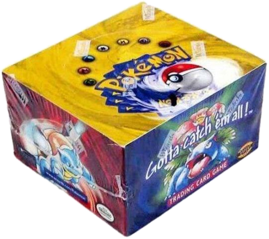 A sealed Pokemon Base Set booster box featuring artwork of Blastoise and Venusaur.