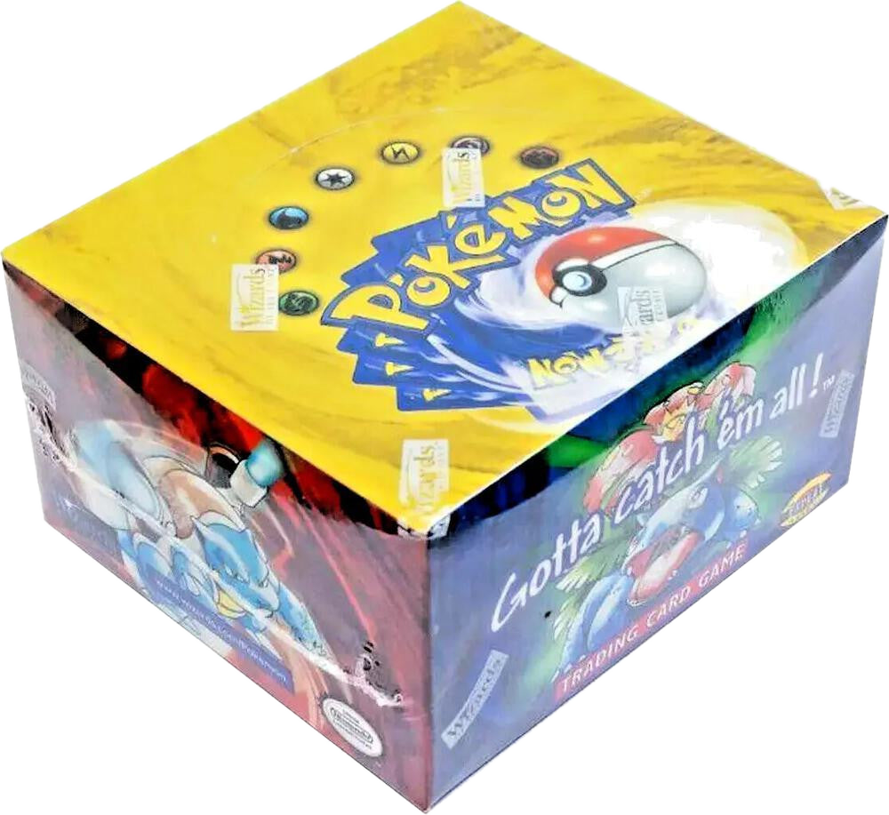 A sealed Pokemon Base Set Shadowless booster box featuring iconic artwork and Wizards of the Coast.