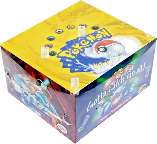 A sealed Pokemon Base Set Shadowless booster box featuring iconic artwork and Wizards of the Coast.