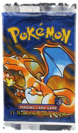 A sealed Pokemon Base Set Shadowless booster pack featuring Charizard artwork.
