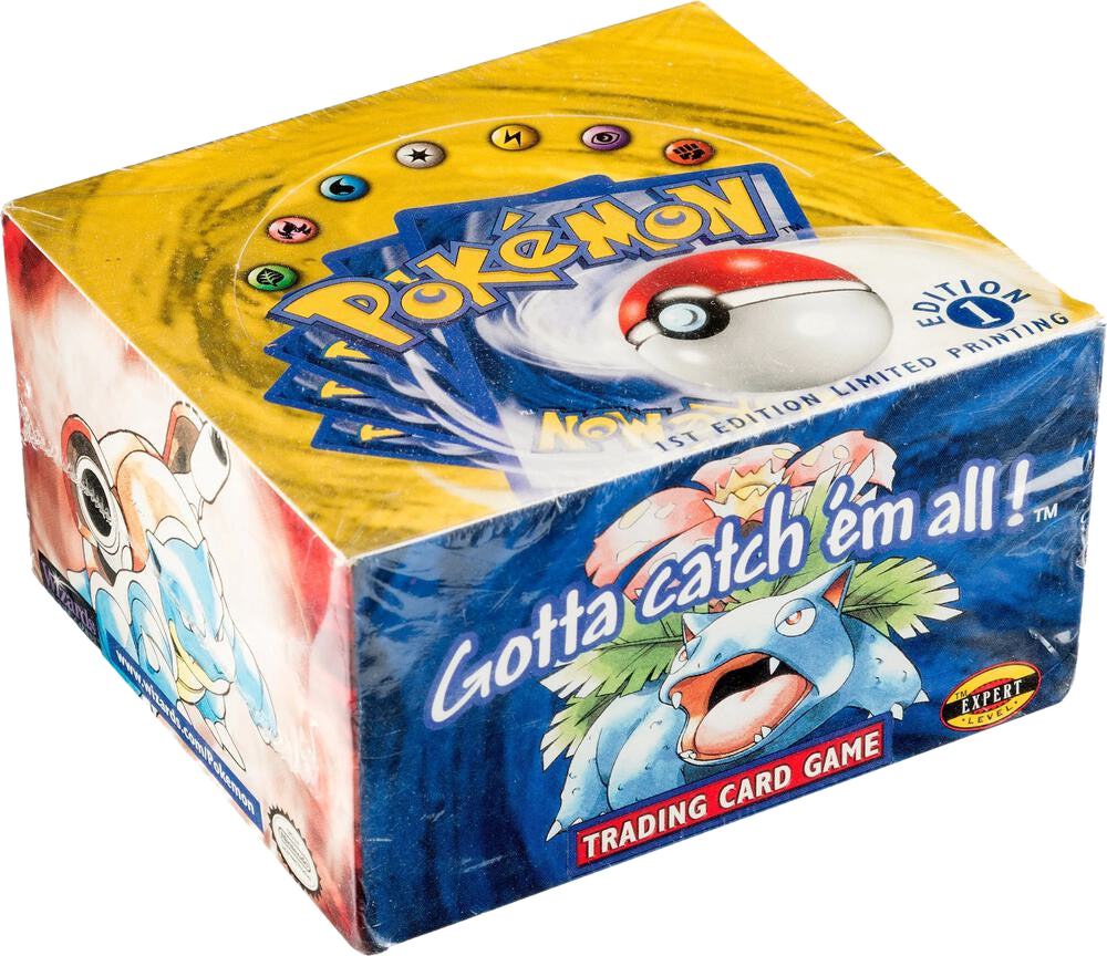 A factory-sealed Pokemon 1st Edition Shadowless trading card game booster box.