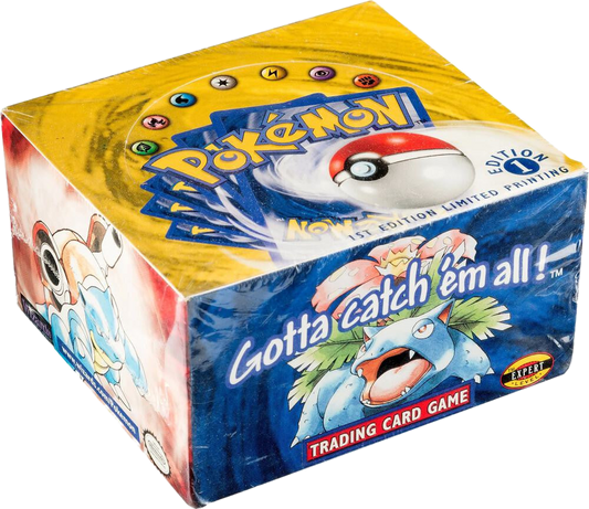 A factory-sealed Pokemon 1st Edition Shadowless trading card game booster box.
