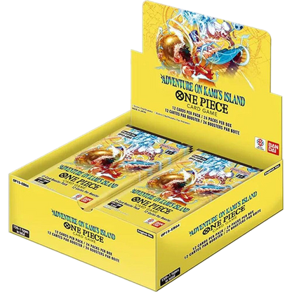 A One Piece Adventure on Kamis Island booster box containing twenty-four card packs.