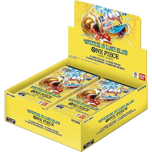 A One Piece Adventure on Kamis Island booster box containing twenty-four card packs.