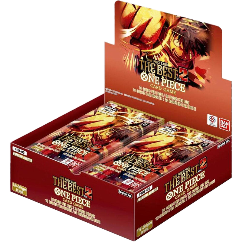 A One Piece The Best Vol.2 Premium Booster Box containing twenty packs of trading cards.